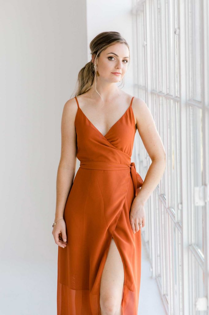 Lucinda dress in burnt orange colour front view