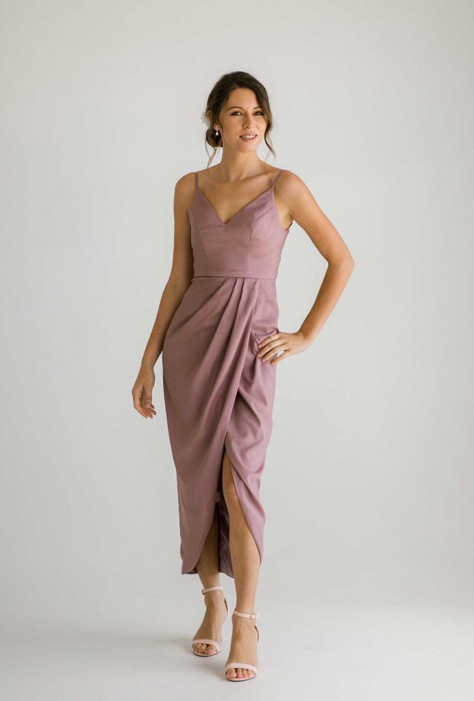 Diana high-low dress in dusty purple colour front view