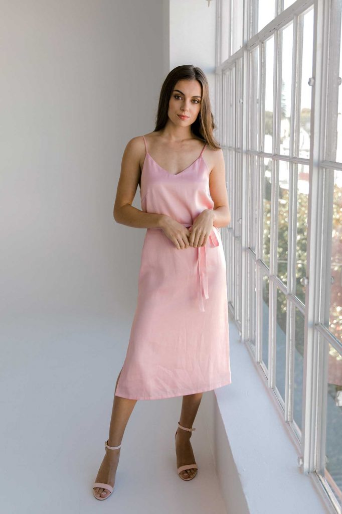 Nadia midi dress in baby blush colour front view