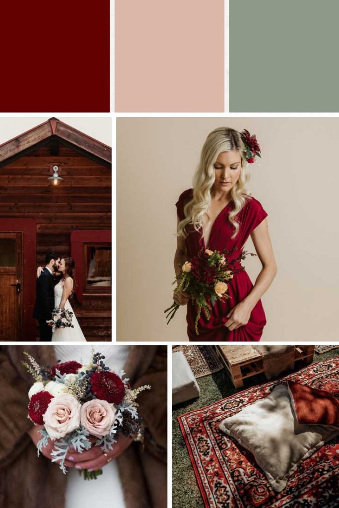 Dark red and light pink winter wedding colour palette collage