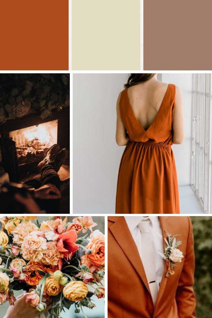 Burnt orange and mocha brown winter wedding colour palette collage