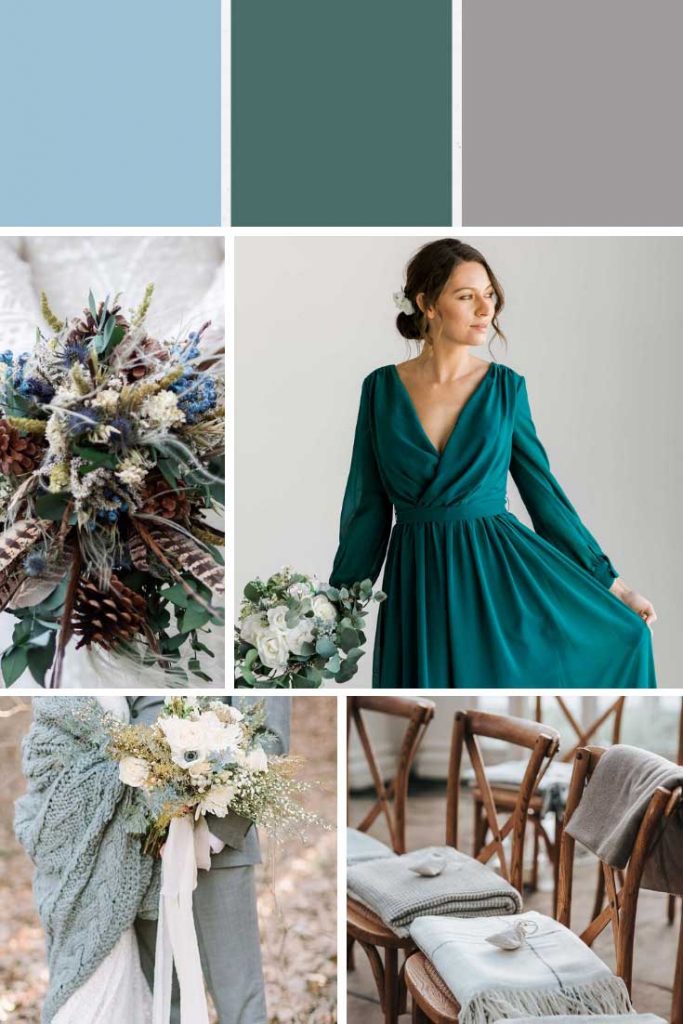 Teal grey and turquoise winter wedding colour palette collage