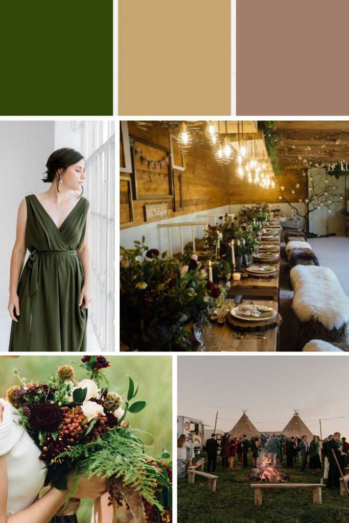 Earthy green and taupe winter wedding colour palette collage