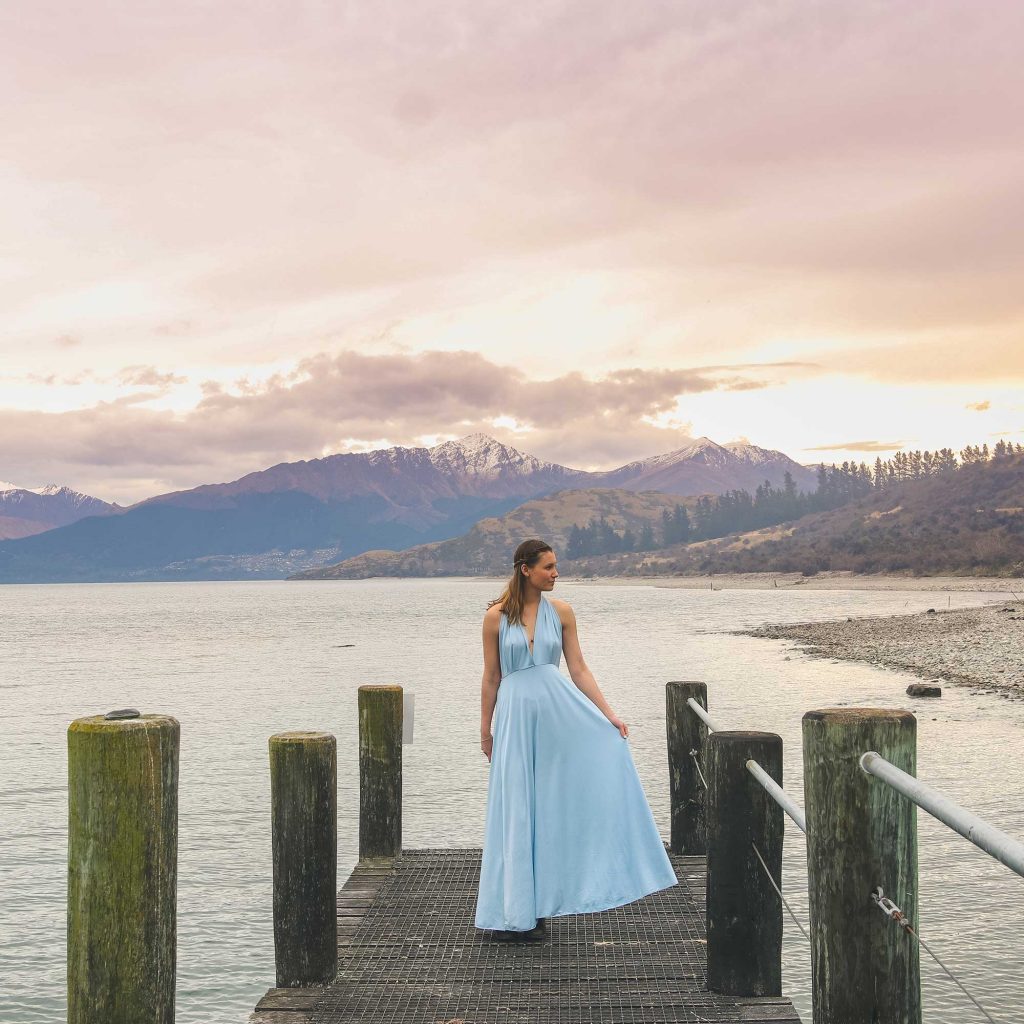 Sunset view on dock with Evelyn dress