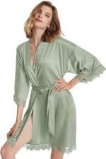 Mila Satin Lace Bridal Party Robe - Sage